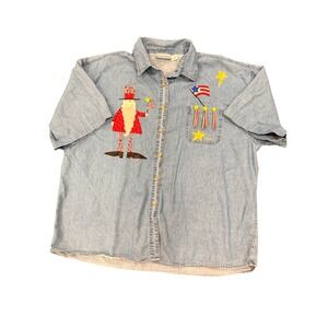 Faded Gear Denim Shirt Uncle Sam Patriotic Applique Short Sleeve Women's 4XL